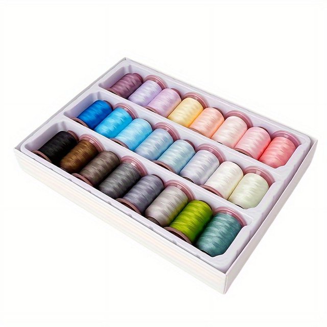 SNNROO Ensemble de Fils à Broder en Polyester 24 Couleurs - 120D/2 Haute Résistance Fil à Broder en Machine 24 Bobines Fil de Soie Glacée Multicolore pour Couture et Broderie de Vêtements