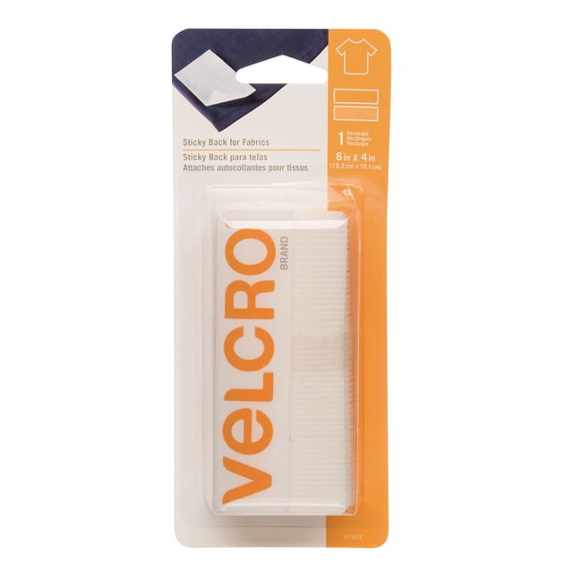 VELCRO® Brand Sticky Back™ for Fabrics White Tape, 6 by 4 inch rectangle no-sew fabric fastener with peel-and-stick adhesive, packaged in clear plastic on white and orange card, suitable for sewing repairs, crafts, and quick hemming