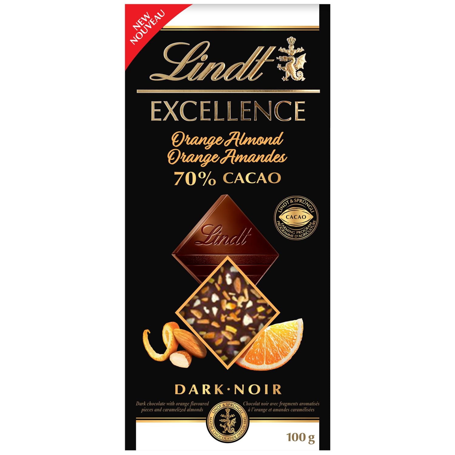Chocolat noir Lindt EXCELLENCE à 70 % de cacao avec orange et amandes – Barre (100 g)