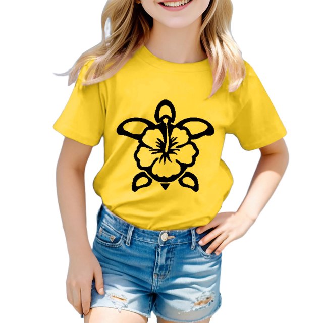 T-shirts Filles Mode Imprimé Tortue Col Rond Manches Courtes Décontractées Hauts Filles Jaune 12-13 Ans