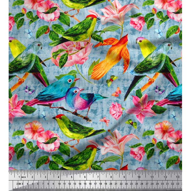 Soimoi Modal Satin Fabric Birds,Leaves & Lily Flower Print Fabric by The Yard 42 Inch Wide