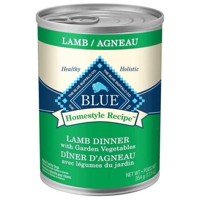 Souper d'Agneau Recette Maison Bleue avec Légumes du Jardin Nourriture Humide pour Chien, Boîte de 12,5 Oz avec Étiquette Bilingue Verte et Crème, Mettant en Valeur les Ingrédients Naturels, Vitamines et Minéraux pour Soutenir la nutrition des Chiens Adultes et l'Entretien Musculaire.