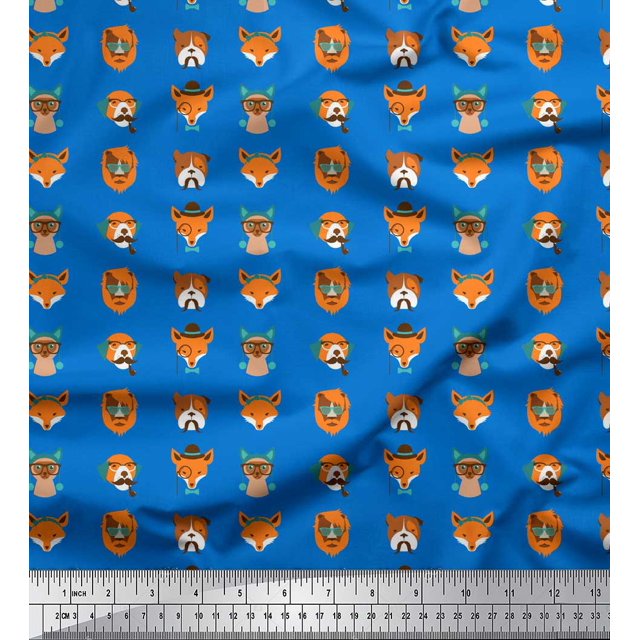 Soimoi Blue Poly Georgette Fabric Dog Face Cartoon Print Fabric by Yard 42 Inch Wide