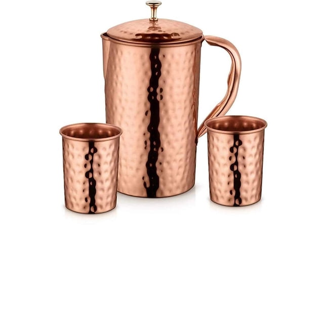 Handcrafted Pure Copper Jug With 2 Glass - 1 Liters, Brown | Leak Proof & Dishwasher Safe