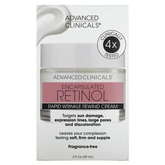 Advanced Clinicals, Encapsulated Retinol, Rapid Wrinkle Rewind Cream, Fragrance Free, 2 fl oz (59 ml) fragrance-free retinol cream with encapsulated retinol stated on label; evening anti-aging moisturizer for targeted wrinkle smoothing and skin texture, often used as an overnight smoothing treatment.
