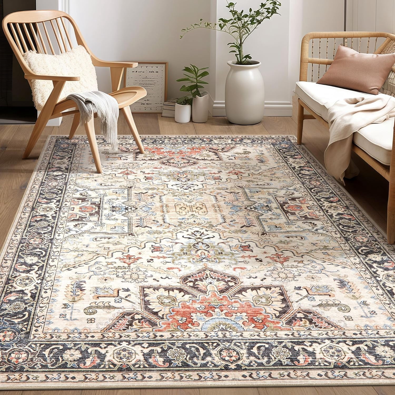 6x9 Area Rug Living Room Rugs -Soft Machine Washable Oriental Vintage Floral Distressed Rug Large Indoor Floor Carpet for Bedroom Under Dining Table Home Office Decor - Multi