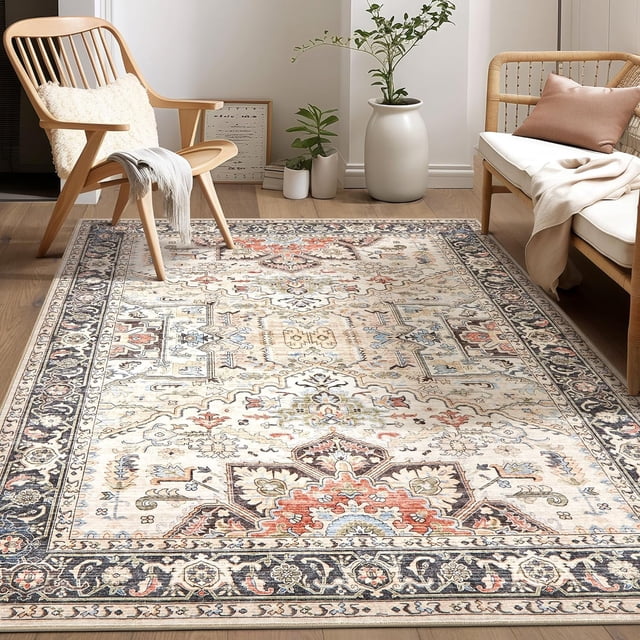 6x9 Area Rug Living Room Rugs -Soft Machine Washable Oriental Vintage Floral Distressed Rug Large Indoor Floor Carpet for Bedroom Under Dining Table Home Office Decor - Multi