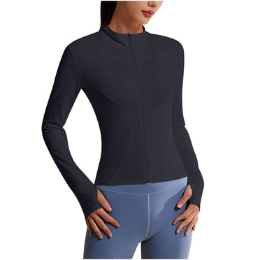 Women Gym Jacket Full Zip up Cooling Sun Protection Lightweight Cropped Workout Jacket Running Athletic Top with Thumb Hole Black