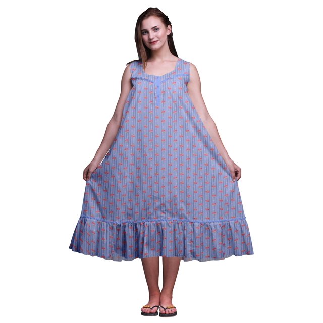 Bimba Bleu Lavande3 Fruits à Rayures et Baies Rouges Chemises de Nuit en Coton pour Femmes Mi-Mollet Imprimées Robe de Nuit XXX-Large