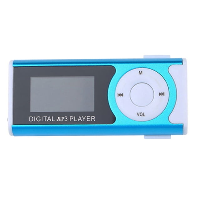 Portable Mini MP3 Music Player in blue with a metal body, featuring an LCD screen and LED light. The compact design includes a clip for attaching to clothing or accessories. Supports MP3/WMA audio formats and TF memory cards up to 16GB. Equipped with a 90mAh rechargeable lithium battery for extended use.