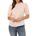 thumbnail image 1 of INSPIRE CHIC Women's Puff Shoulder Round Neck Collarless Ruffle Keyhole Back Blouse, 1 of 5