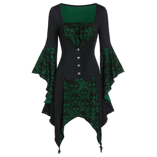 DYMADE Halloween Femmes Skull Bouton Gothique Irrégulier Haut Cosplay Fête