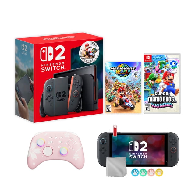 Nintendo Switch 2 Mario Kart World Bundle with a 256GB console, 7.9-inch 1080p HDR screen, Joy-Con 2 controllers, and a dock supporting 4K resolution. Includes Super Mario Bros. Wonder game, Mytrix Wireless Pro Controller with Sakura Cherry Blossoms design, and gaming accessories like joystick caps, screen protector, and microfiber cloth.