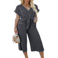 thumbnail image 2 of Women‘s Wide Leg Jumpsuits Buttons Front V Neck Rompers Summer Loose Fit Playsuit with Belt Pockets, 2 of 5