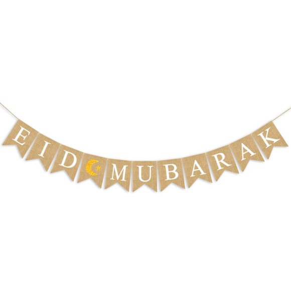 Eid Mubarak Banner Burlap Flag Decoration Eid Celebration Hanging Banner for Corridor Windows Living Room