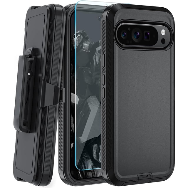 KOMI Phone Case for Google Pixel 9 Pro XL Case with HD Screen Protector, Pixel 9 Pro XL Case Heavy Duty Durable Shockproof 2-Layer Cover for Google 9 Pro XL with Belt Clip-Black