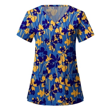 TopLLC Womens Plus Size Scrubs Women Short Sleeve V-neck Tops Uniform Printed Pockets Blouse Tops Casual Nurse Shirts Scrubs on Clearance