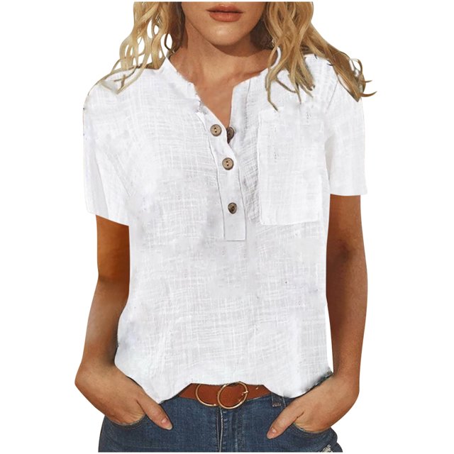 Cameland T-Shirt d'Été Décontracté pour Femme à Manches Courtes, Boutonné, Col Rond, Uni, Chandail, Blouse, Hauts