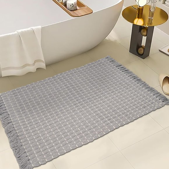 ZALL Tapis de Bain Gris Tressé à Pampilles Tissé Super Absorbant Antidérapant Tapis de Salle de Bain Gris 20x32 Pouces Lavable à la Machine Tapis de Sol Ultra Doux