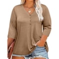 thumbnail image 2 of Plebaso Womens Plus Size Tops 3/4 Sleeve V Neck Casual T Shirts Loose Solid Color Button down Blouses Tees, 2 of 7