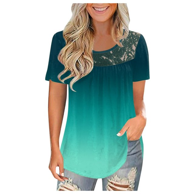 AMERTEER Femmes Mode Dentelle Uni à Empiècements Col Rond Manches Courtes T-Shirt Blouse Hauts T-Shirt pour Femmes