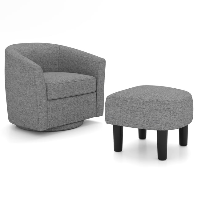 Giantex Fauteuil d'Appoint Pivotant avec Ottoman en Gris, Présentant un design Moderne de Baril avec une base Pivotante à 360 Degrés. la Chaise a un Dossier Courbé, des Accoudoirs et un Coussin de Siège de 4 Pouces d'Épaisseur Rembourré en Tissu de Lin Respirant. l'Ottoman Assorti, Soutenu par des Pieds Noirs Robustes, Peut Être Utilisé comme Repose-Pieds, table d'Appoint Ou Siège Supplémentaire. Idéal pour Salons, Chambres Ou Bureaux.