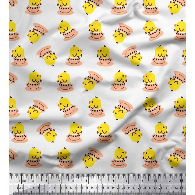 Soimoi Poly Georgette Fabric Cup,Plate & Chick Cartoon Print Fabric by the Yard 52 Inch Wide