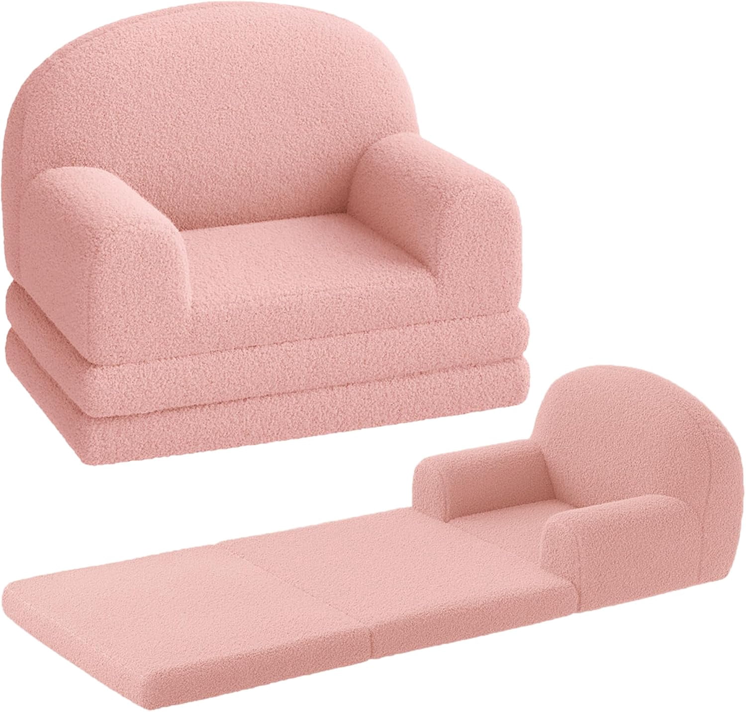 2-in-1 Kids Convertible Sofa Chair Teddy Fleece Fold-Out Toddler Couch Lounger with Washable Cover Soft Children’s Sofa Bed for Playroom Nursery Bedroom Gift