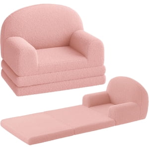 2-in-1 Kids Convertible Sofa Chair Teddy Fleece Fold-Out Toddler Couch Lounger with Washable Cover Soft Children’s Sofa Bed for Playroom Nursery Bedroom Gift