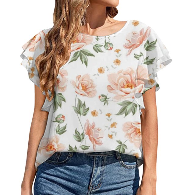 Hauts d'Été Grande Taille à Manches Courtes pour Femmes Mode Décontractée Col Rond à Volants Hauts Imprimés Blouse Chandail Col en V T-Shirt Femmes en Liquidation
