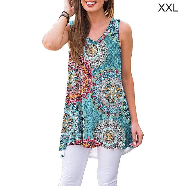 Débardeur Boho Sans Manches pour Femmes, Col en V, T-shirt Décontracté, Bleu, TTG