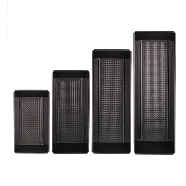 Zootealy Loaf Pan Set 4 PCs featuring rectangular non-stick cake pans in varying sizes, made of high-strength carbon steel with a food-grade non-stick coating. The set includes four pans measuring approximately 8.3, 10.4, 12.2, and 13.9 inches in length, ideal for baking bread, toast, and cakes. The pans are black with a textured interior for even heat distribution and easy release. Suitable for baking enthusiasts and durable for daily use.