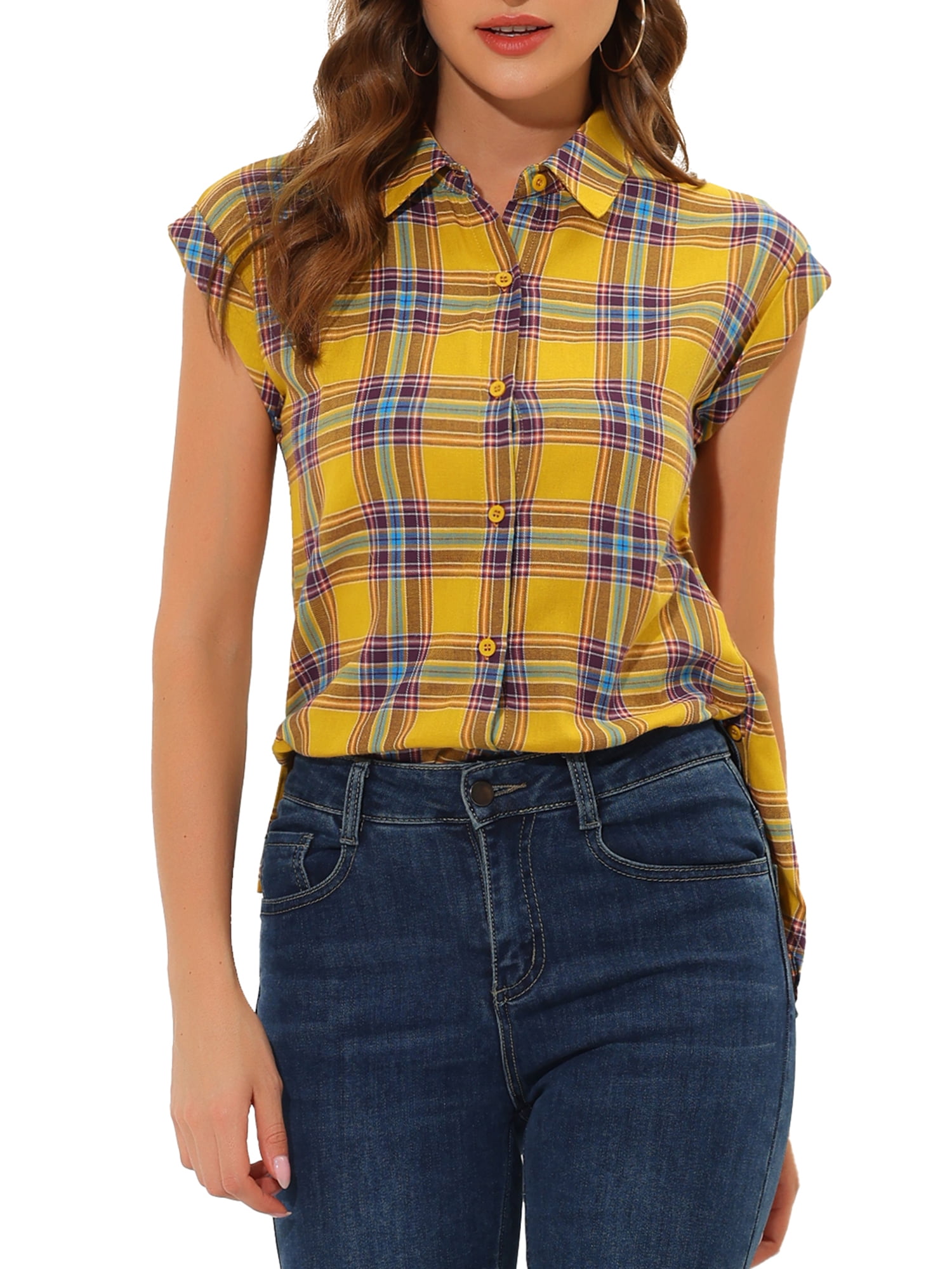 INSPIRE CHIC Chemise à Carreaux pour Femme à Col Pointu, Manches Courtes à Cap, Boutonnée, Jaune, m