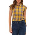 thumbnail image 1 of INSPIRE CHIC Women's Point Collar Short Cap Sleeves Plaids Button Down Shirt Yellow XL, 1 of 5