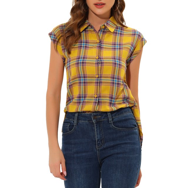INSPIRE CHIC Women's Point Collar Short Cap Sleeves Plaids Button Down Shirt Yellow XL