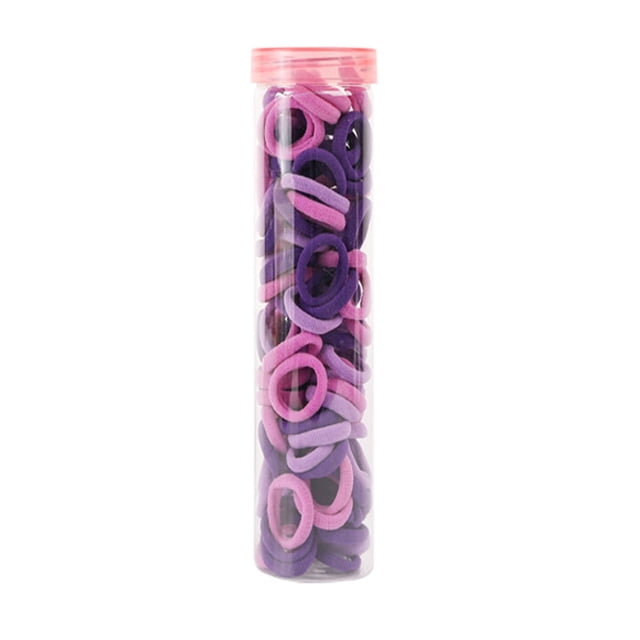 TIMIFIS Hair Ties 100PCS Hair Rope Hair Rings with good elasticity and durability, shown in a clear cylindrical container with a pink lid. The hair ties are in shades of purple and pink, made of soft, thick cotton material designed to hold hair securely without causing damage. Suitable for daily use, workouts, and various occasions like parties and school.