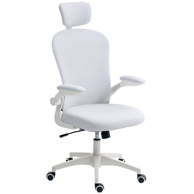 Vinsetto Chaise de Bureau en Maille avec Appuie-Tête, Soutien Lombaire 4D, Blanc. Cette Chaise de Bureau Ergonomique Présente un Tissu en Maille Blanc Respirant, une Hauteur d'Assise Réglable et une Fonction d'Inclinaison pour un Confort Accru. le Soutien Lombaire 4D Se Déplace vers le Haut, le Bas, l'Avant et l'Arrière pour Soulager la Pression du Bas du Dos, pendant Que l'Appuie-Tête s'Ajuste Verticalement et Pivote pour un Soutien Personnalisé. Accoudoirs Relevables Économisent l'Espace, et les Roulettes en PU