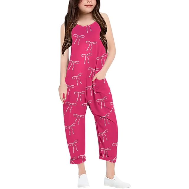 Girls Overall Bow Print Jumpsuits Rompers for Girls Spaghetti Strap Overalls with Side Pockets Girls' Fashion 5-6 Y