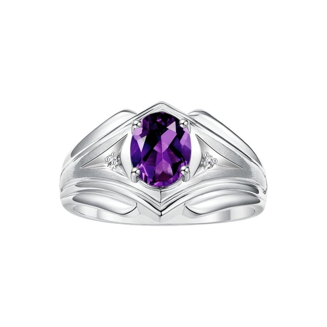 RYLOS Men's Rings 14K White Gold Rings Classic Designer Style 9X7MM Oval Gemstone & Diamond Ring Amethyst February Birthstone Rings For Men Size 8