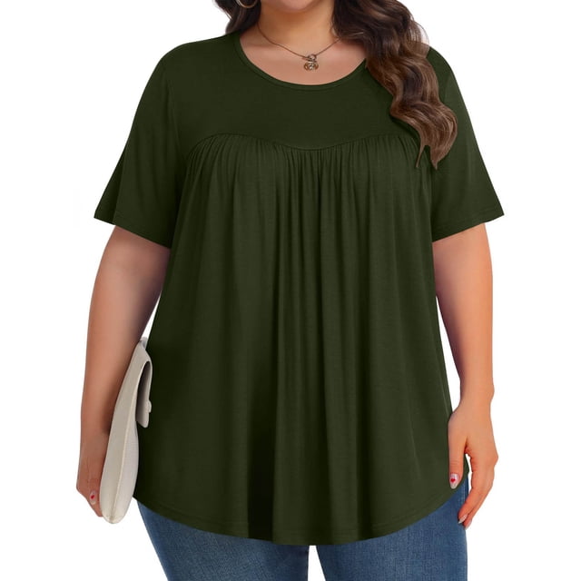 Aqestyerly Blouse à Manches Courtes pour Femmes Grande Taille, Col Rond Uni Plié, Haut en Tricot Doux et Confortable pour Tenue Décontractée