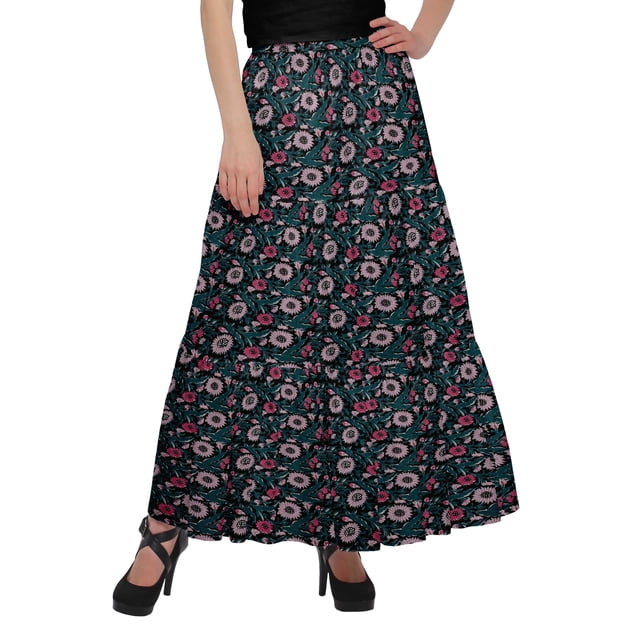 Moomaya Jupe Longue Imprimée pour Femmes Style Portefeuille Grande Taille Jupe Maxi à 3 Niveaux
