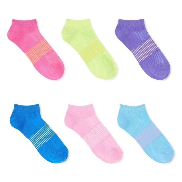 Athletic Works Women's Low-Cut Socks 6-Pack includes six assorted pairs in pink, lime green, purple, royal blue, light pink, and light blue, each with ribbed cuffs and elastic arch support for a secure, comfortable fit, ideal for casual or athletic wear.