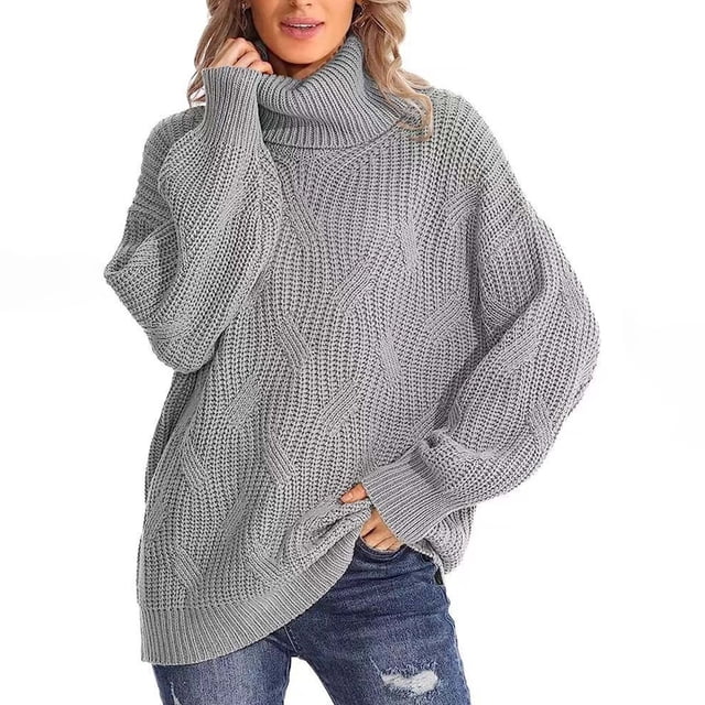 Qertyioot Chandails Surdimensionnés pour Femmes Col Roulé Mode Manches Longues Col Roulé Chandail Décontracté Hauts