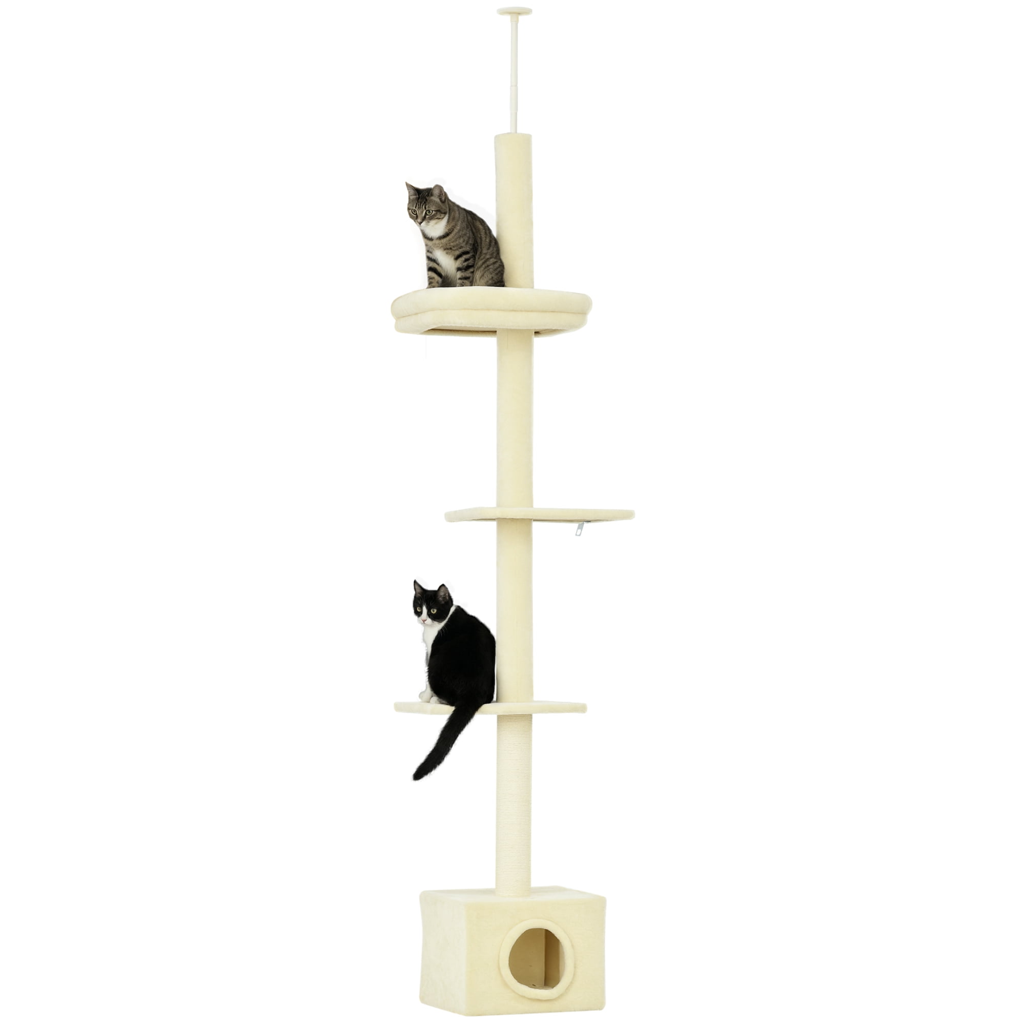 PawHut 91-102" Floor-to-Ceiling Cat Tree with Scratching Post, House, Bed