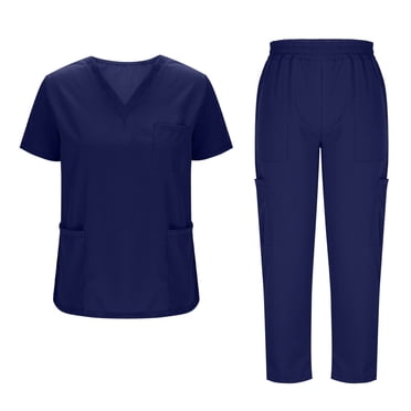 yoeyez Scrub Jumpsuit for Woman Nurses,Womens Modern V Neck Scrub Top andjogger Pant With Multi Pocket for Nurse Workwear Navy