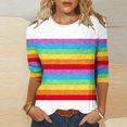 thumbnail image 2 of FAIWAD T-Shirt à Blocs de Couleur pour Femmes, Manches 3/4, Col Rond, Chandail à Enfiler, Haut d'Été Tendance, Chemisiers à Imprimé Rayé, 2 of 4