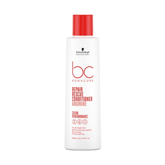 Schwarzkopf BC Bonacure Peptide Repair Rescue Revitalisant, Bouteille de 200 ml avec Corps Blanc et Capuchon Rouge. l'Étiquette Présente un Texte Rouge Mettant en Valeur « Repair Rescue Revitalisant » et « Clean Performance », Idéal pour Améliorer la Combabilité et Restaurer les Cheveux Abîmés. le logo Schwarzkopf Est Affiché en Haut.