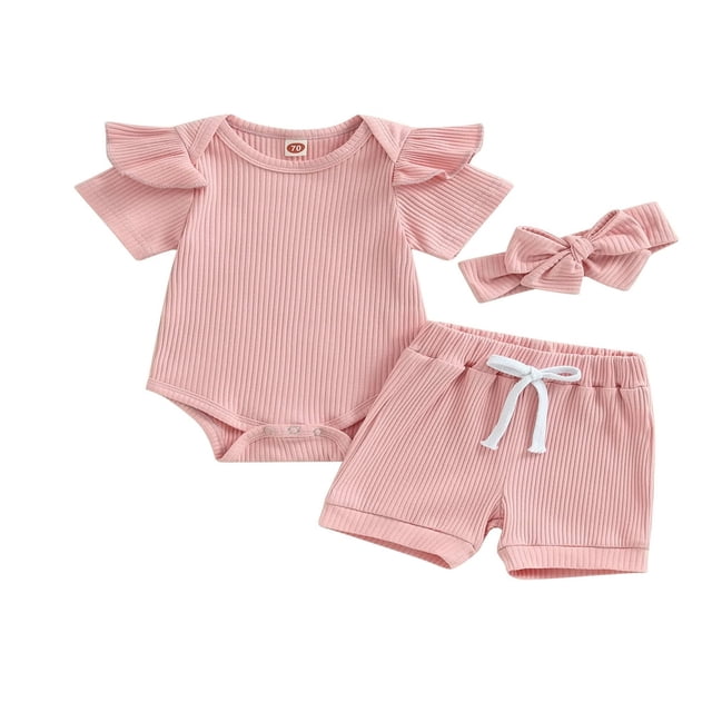 Baby Girls Shorts Set Short Sleeve Romper with Shorts and Hairband