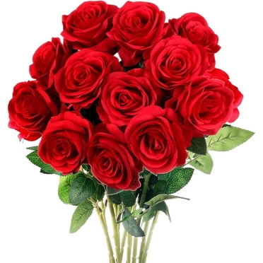 Mocoosy 12 pcs Red Rose Artificial Flowers, Silk Roses with Stems Real Look Fake Rose Flower Bouquets for Wedding Arrangement Bridal Shower Centerpieces Party Home Table Decorations
