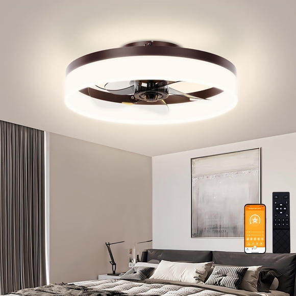 VOLISUN Low Profile Ceiling Fans with Lights and Remote 15.7in Modern Ceiling Fan Flush Mount 3000K-6500K Dimmable Bladeless LED Fan Light Brown Fandelier Ceiling Fans with Lights for Bedroom